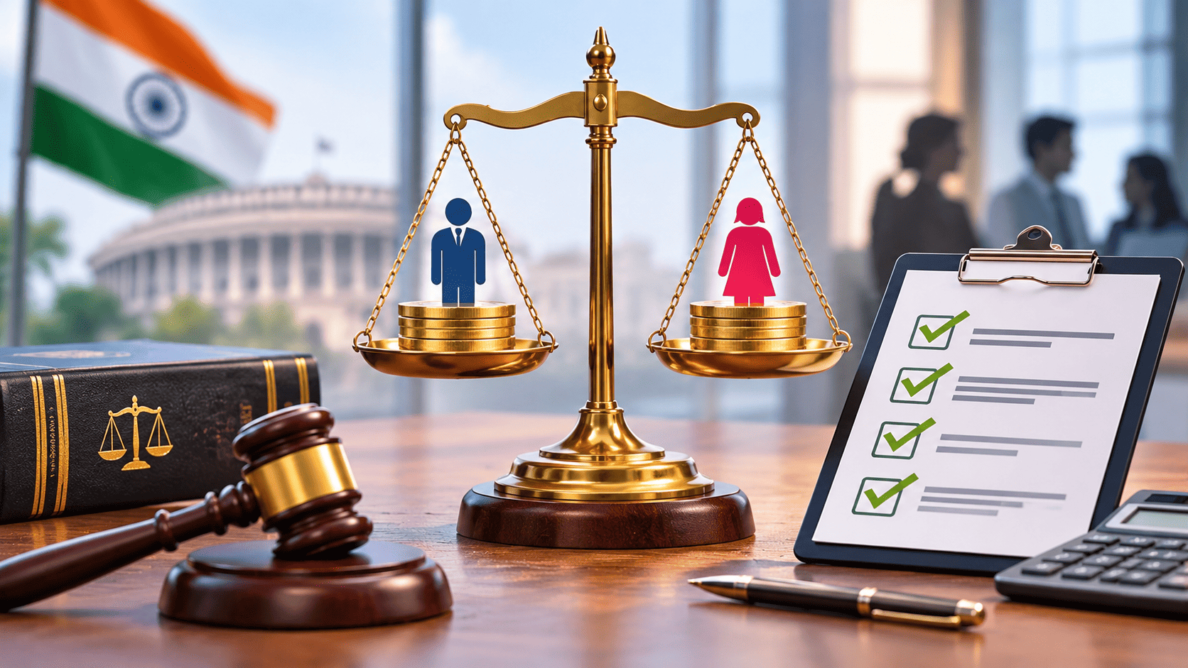 Gender pay equity in India represented by balanced scales with equal wages for male and female workers, alongside legal compliance documents, a gavel, and an Indian government backdrop.
