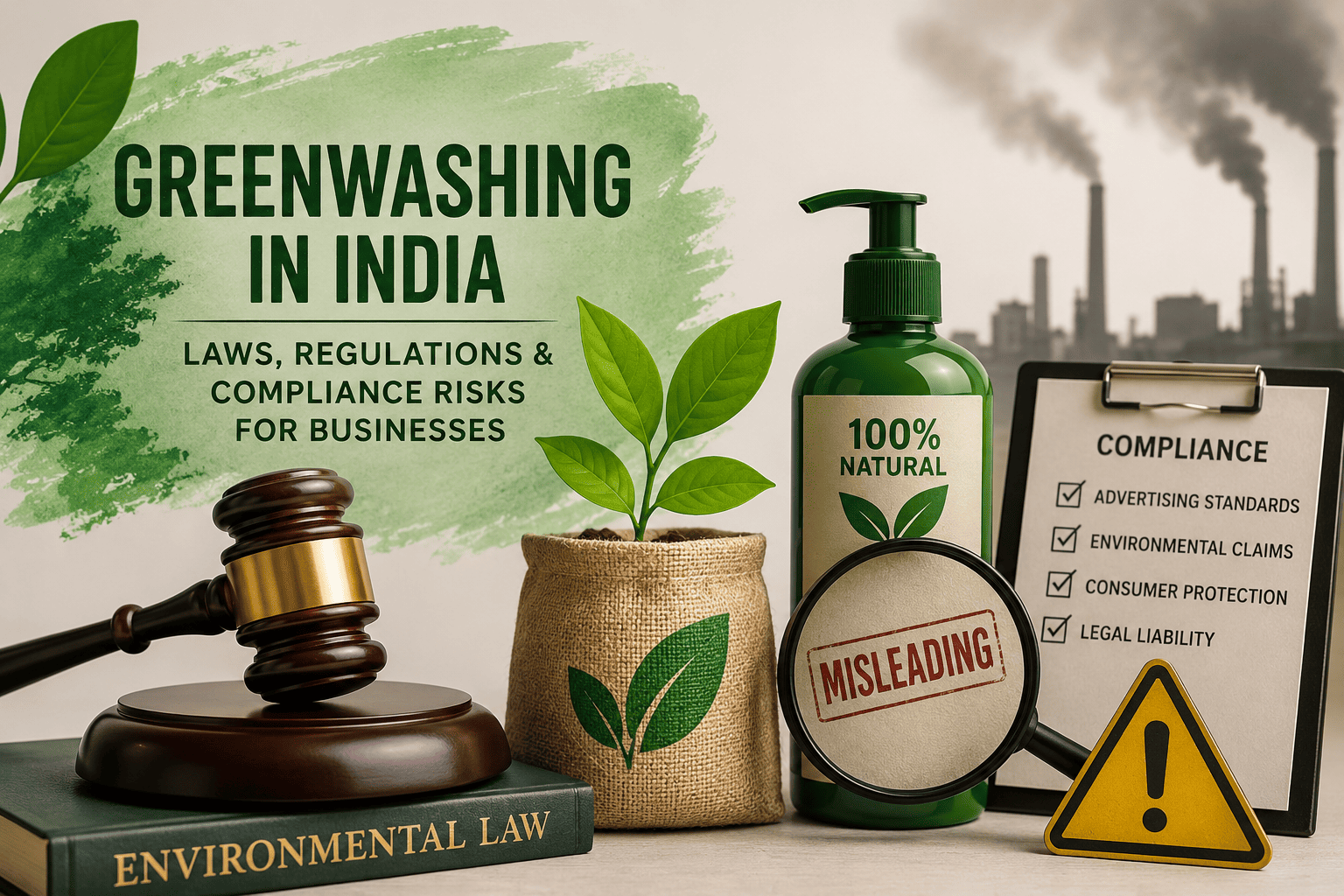 Greenwashing in India showing eco-friendly branding contrasted with industrial pollution, environmental compliance and sustainability claims.