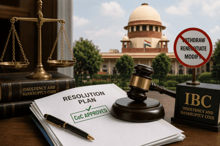 Resolution plan marked “CoC Approved” with a gavel, IBC books, justice scales, and the Supreme Court of India in the background, alongside a prohibition symbol for withdrawal, renegotiation, or modification.