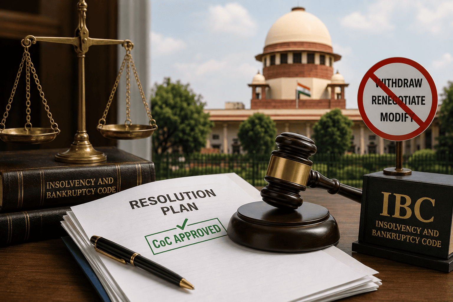 Resolution plan marked “CoC Approved” with a gavel, IBC books, justice scales, and the Supreme Court of India in the background, alongside a prohibition symbol for withdrawal, renegotiation, or modification.
