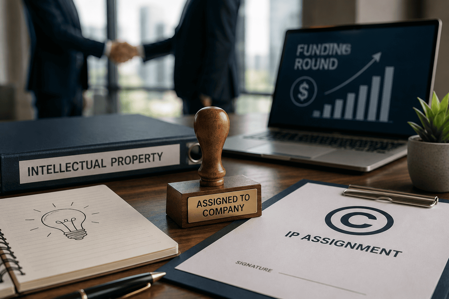 IP assignment agreement and intellectual property documents on a desk during a startup funding round, with business partners shaking hands.