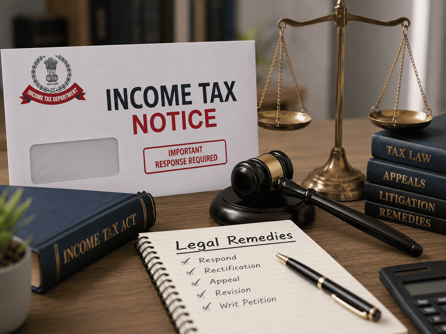 Income tax notice with legal remedies including appeal, rectification, revision and writ petition for taxpayers.