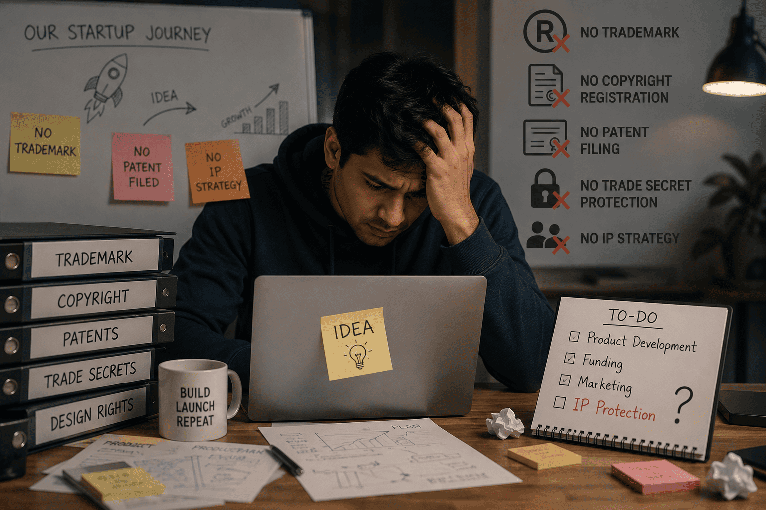 Startup founder struggling to protect intellectual property due to missing trademarks, patents, copyrights and trade secrets.