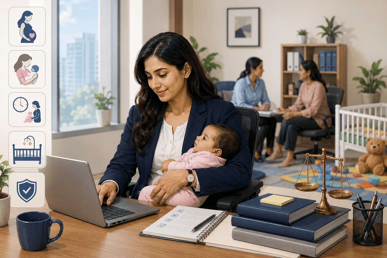 Professional mother working with infant in a family-friendly office with workplace crèche and maternity support symbols.
