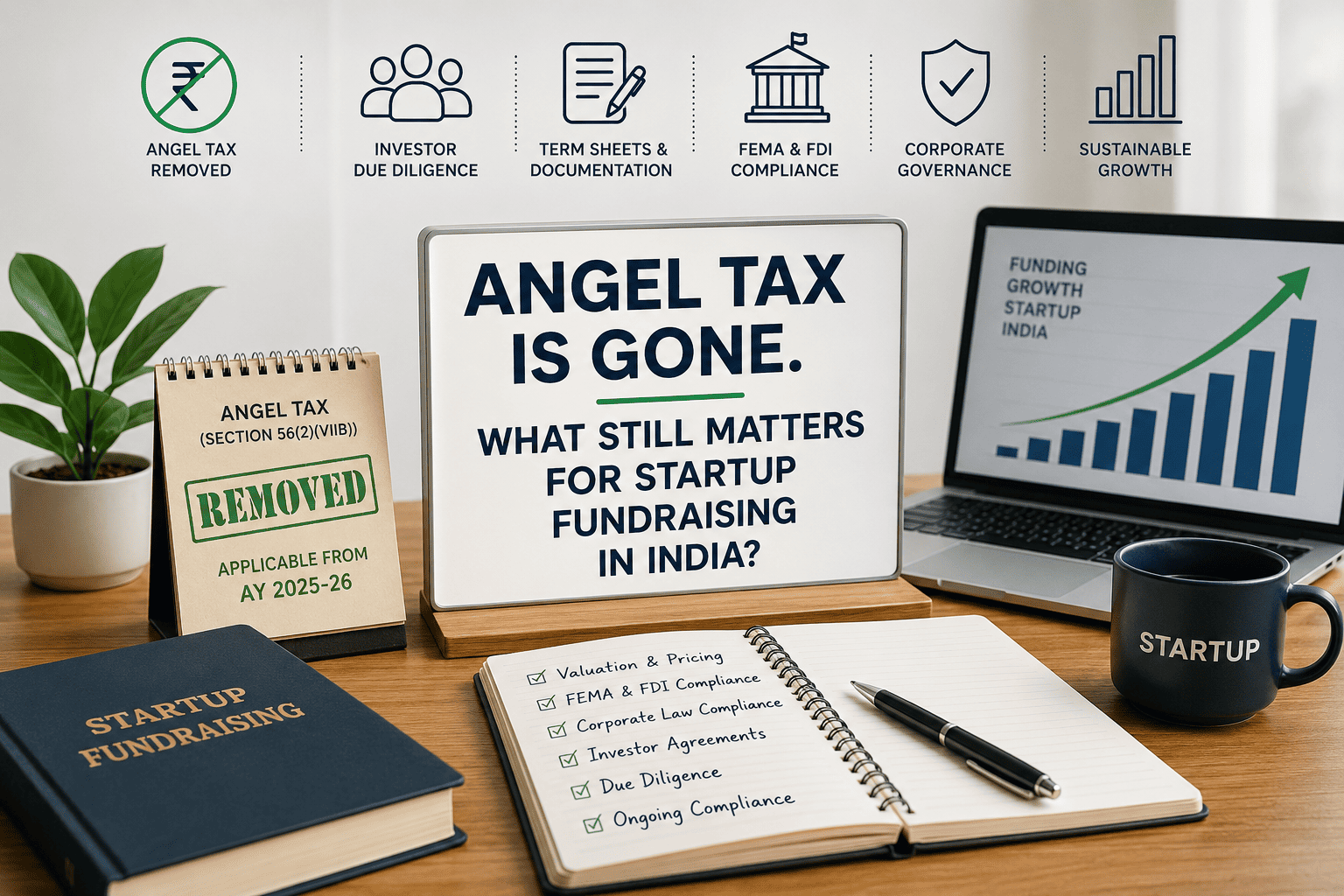 Startup fundraising in India showing investor due diligence, FEMA and FDI compliance, valuation, legal documentation and corporate governance after angel tax abolition.