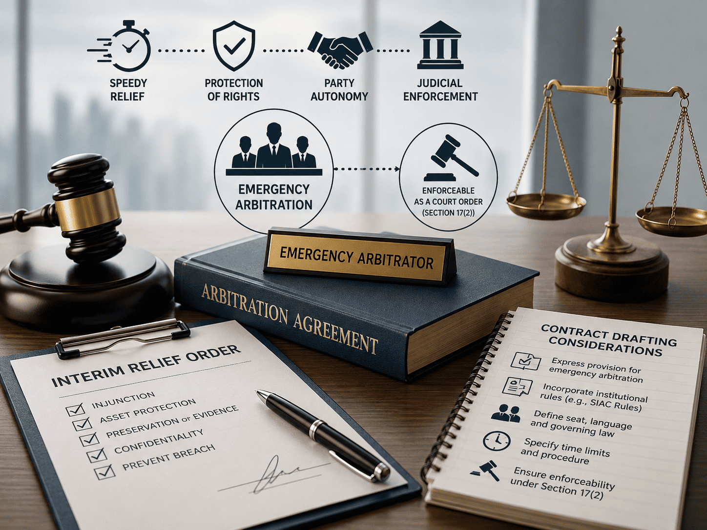 Emergency arbitration in India showing interim relief, judicial enforcement, Section 17(2), and key contract-drafting considerations.