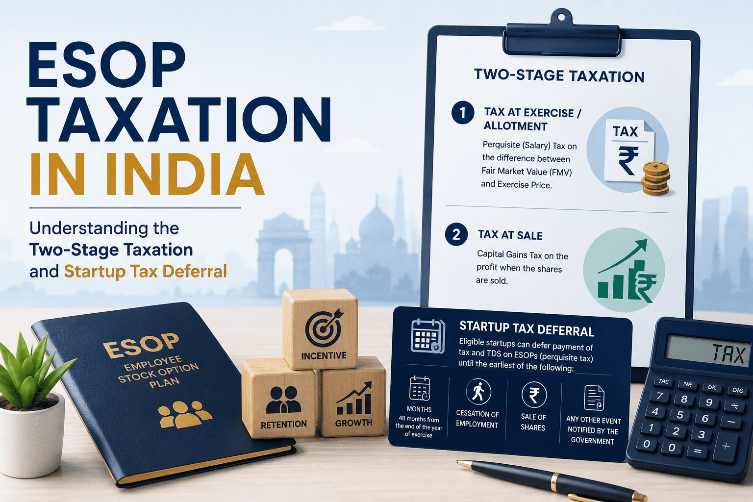 ESOP taxation in India showing two-stage tax treatment, startup tax deferral, employee stock options and capital gains.