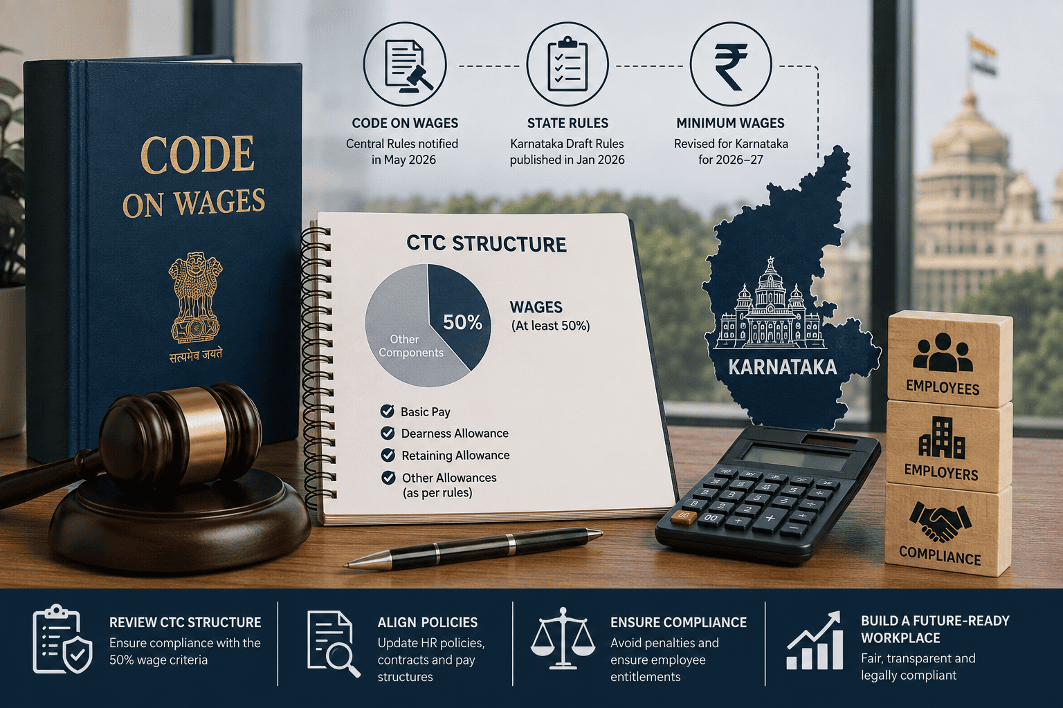 CTC structuring under India’s Code on Wages, highlighting the 50% wage rule and compliance considerations for Karnataka employers in 2026.