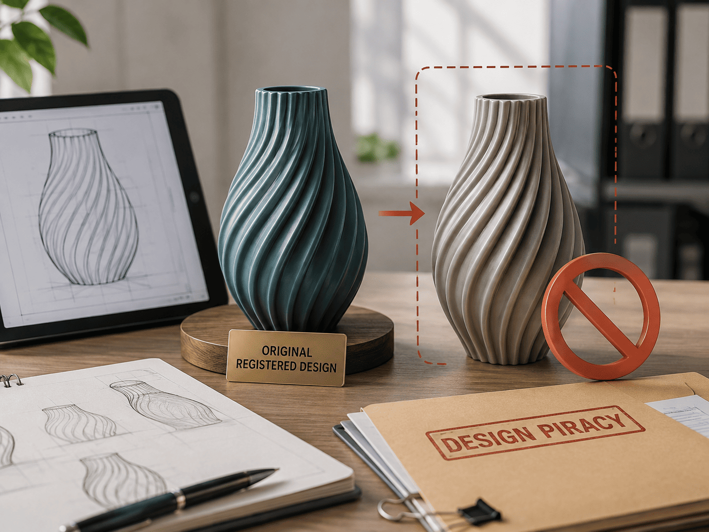 Original registered design beside a copied product, illustrating design piracy and remedies under Section 22 of India’s Designs Act, 2000.