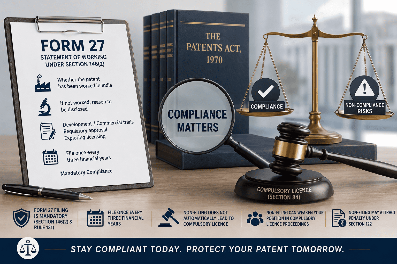 Form 27 patent compliance concept with legal documents, checklist, magnifying glass, balance scales and gavel on an office desk.