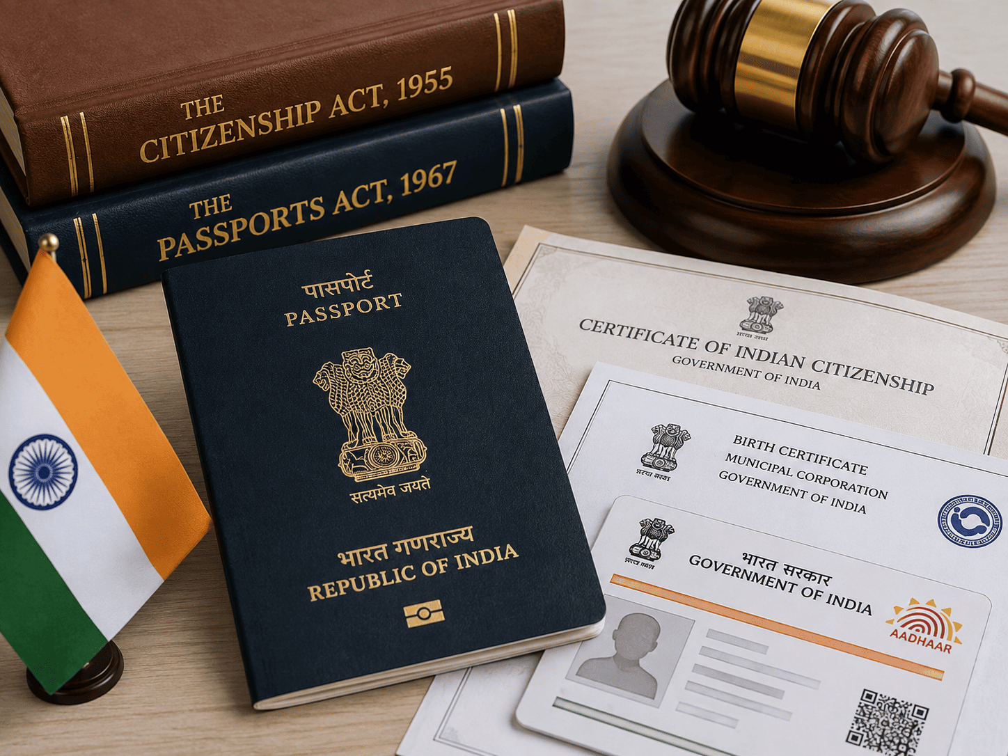 Indian passport with citizenship certificate and legal documents illustrating proof of Indian citizenship under the Passports and Citizenship Acts.