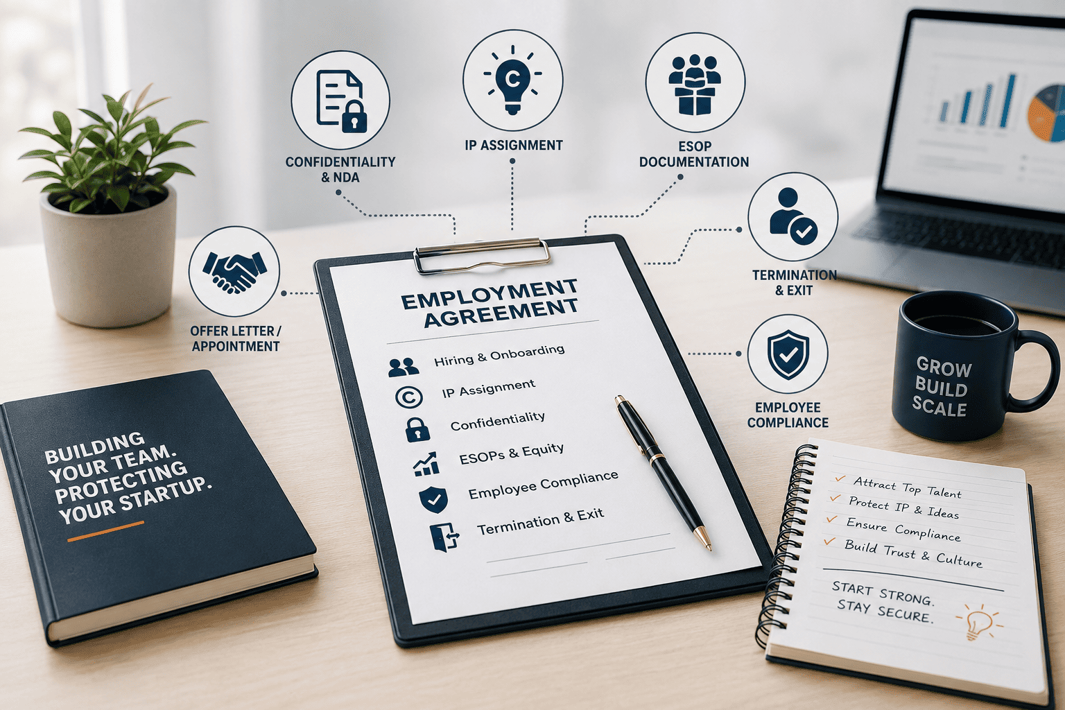 Employment agreement checklist for Indian startups covering hiring, IP assignment, confidentiality, ESOPs and employee compliance.