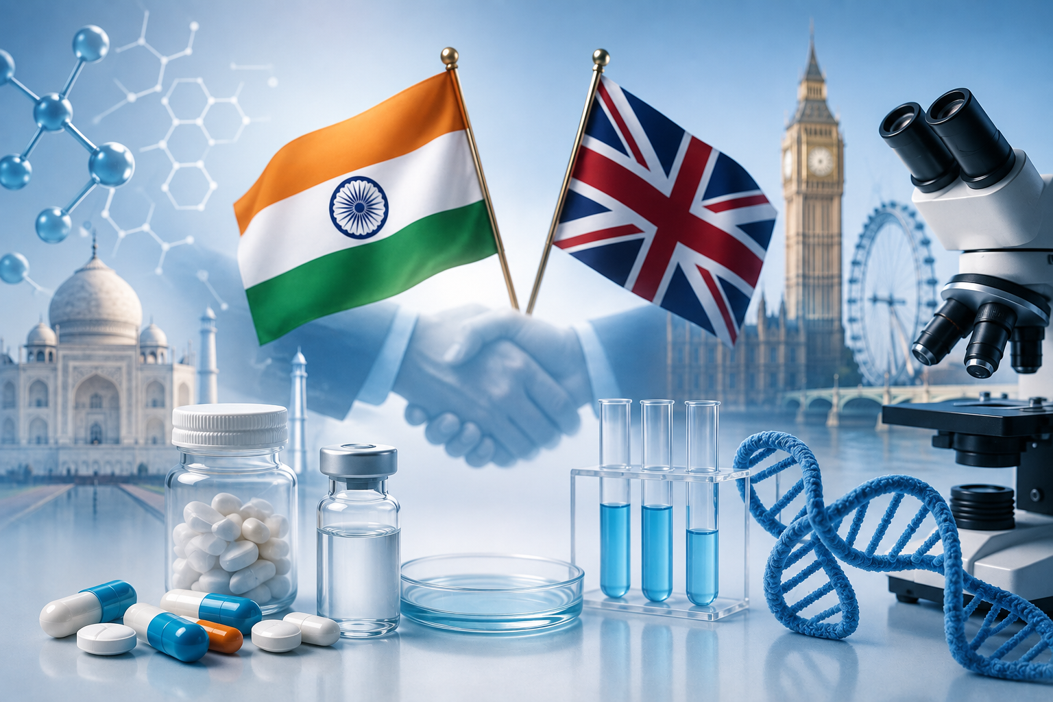 India and UK flags symbolising the FTA alongside pharmaceuticals, biotechnology, DNA, laboratory equipment and healthcare research.