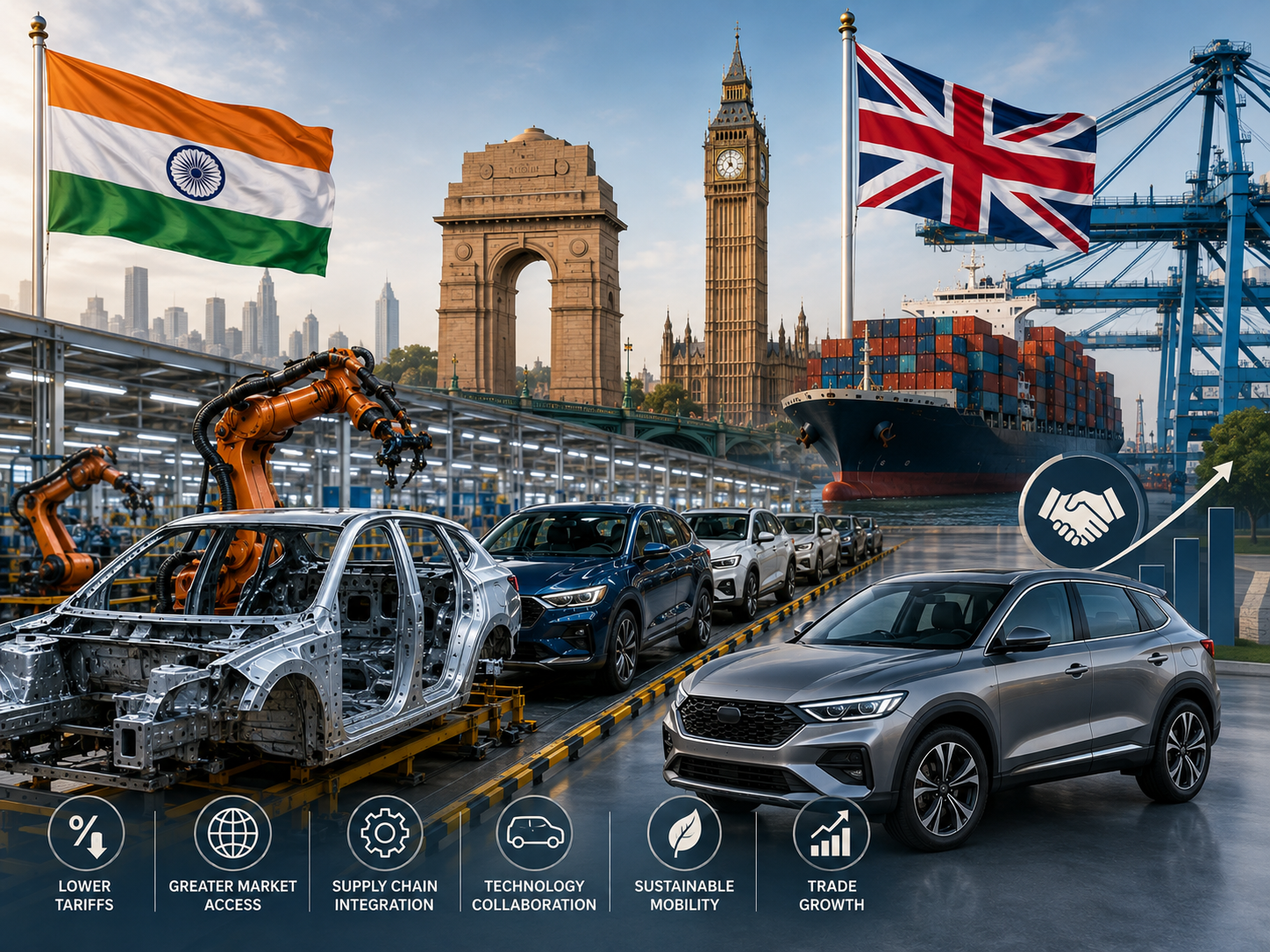 India–UK automotive trade partnership featuring car manufacturing, supply chains, shipping, technology collaboration, and sustainable mobility.