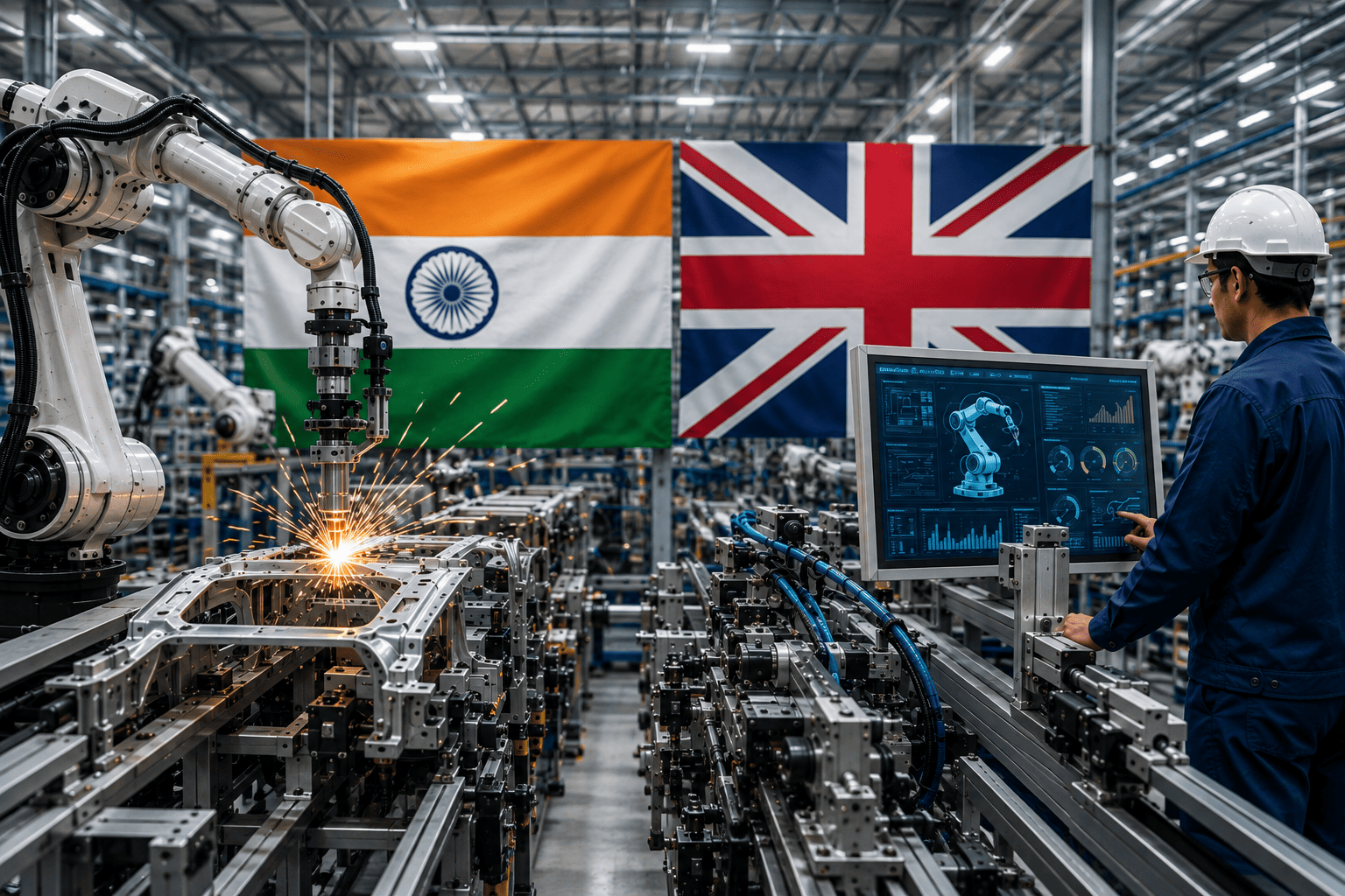 India-UK FTA advanced manufacturing facility with industrial robots, automated production, and supply chain integration
