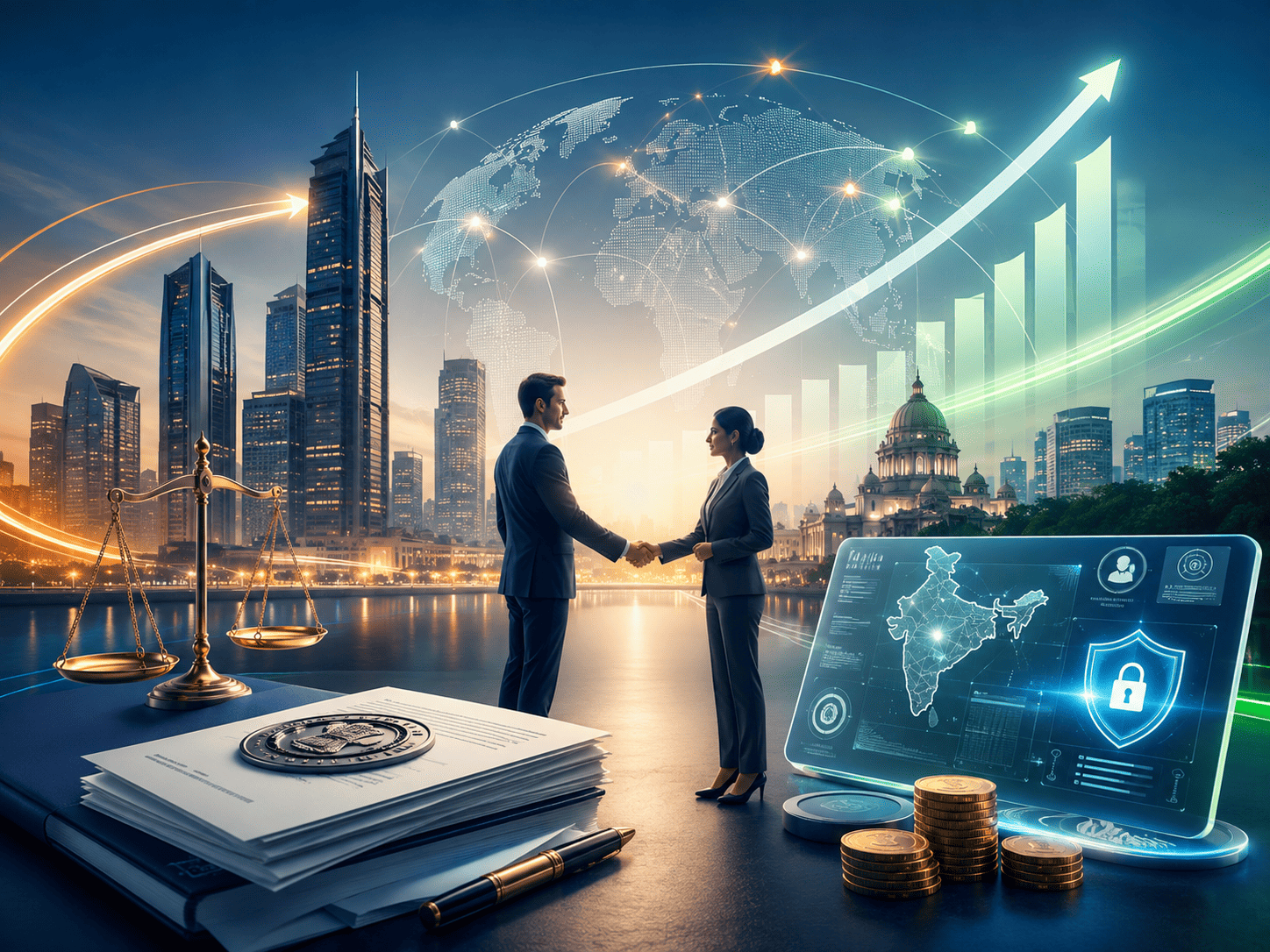 Illustration of India's Draft Foreign Investment Rules 2026 with global investors, Indian financial district, digital governance and investment growth.