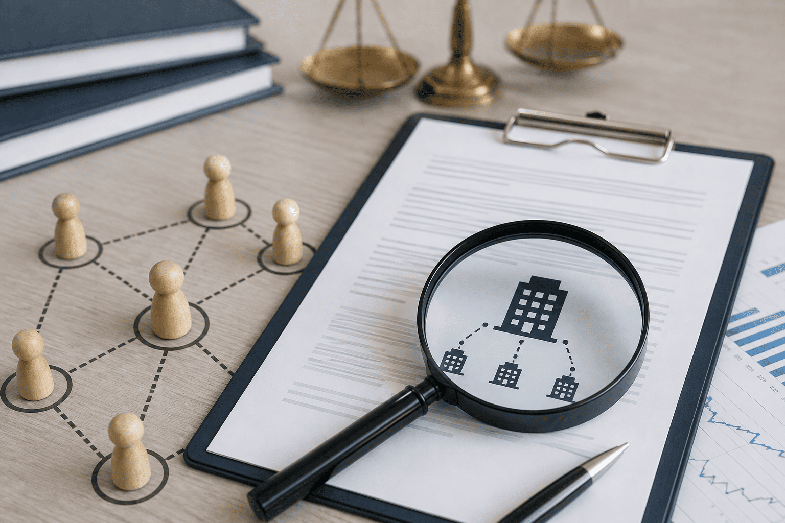 Magnifying glass over ISDA agreement with affiliate network illustrating specified entity risk in OTC derivatives.