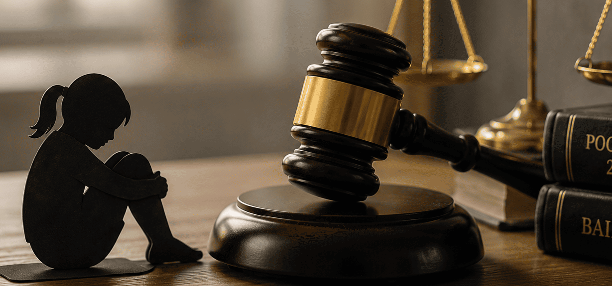 POCSO Act legal concept with judge's gavel, justice scales and child silhouette representing minor protection and bail laws.