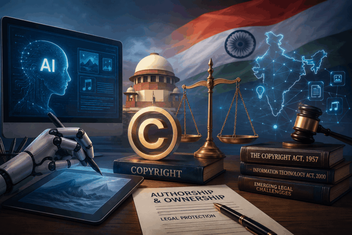 AI-generated content, copyright symbol, scales of justice, Supreme Court of India, and digital technology illustrating AI authorship and copyright law in India.