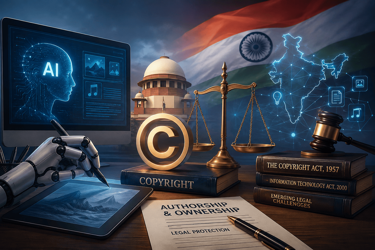 AI-generated content, copyright symbol, scales of justice, Supreme Court of India, and digital technology illustrating AI authorship and copyright law in India.