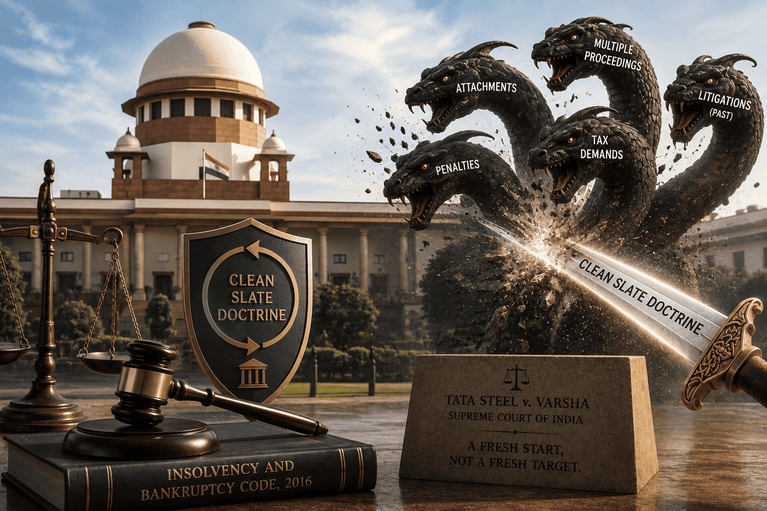 Illustration of the Supreme Court of India with legal symbols and a hydra representing multiple liabilities, symbolizing the Clean Slate Doctrine under the Insolvency and Bankruptcy Code.