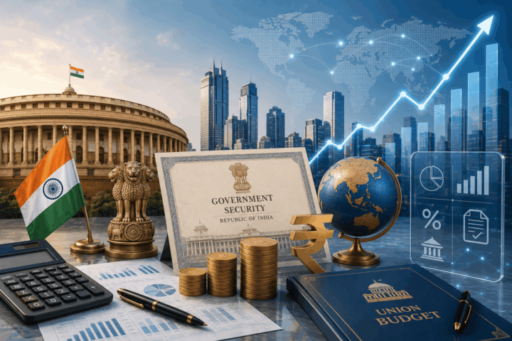 Illustration of India's 2026 tax reforms for foreign investors in government securities with Parliament, rupee, charts, and global markets.