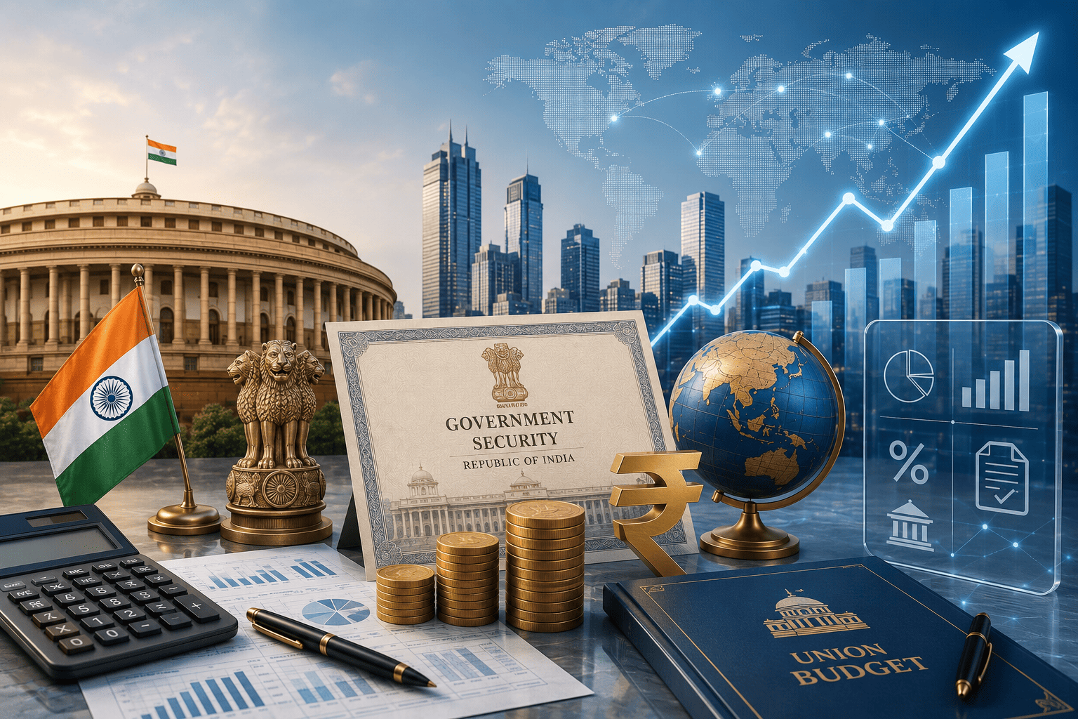 Illustration of India's 2026 tax reforms for foreign investors in government securities with Parliament, rupee, charts, and global markets.