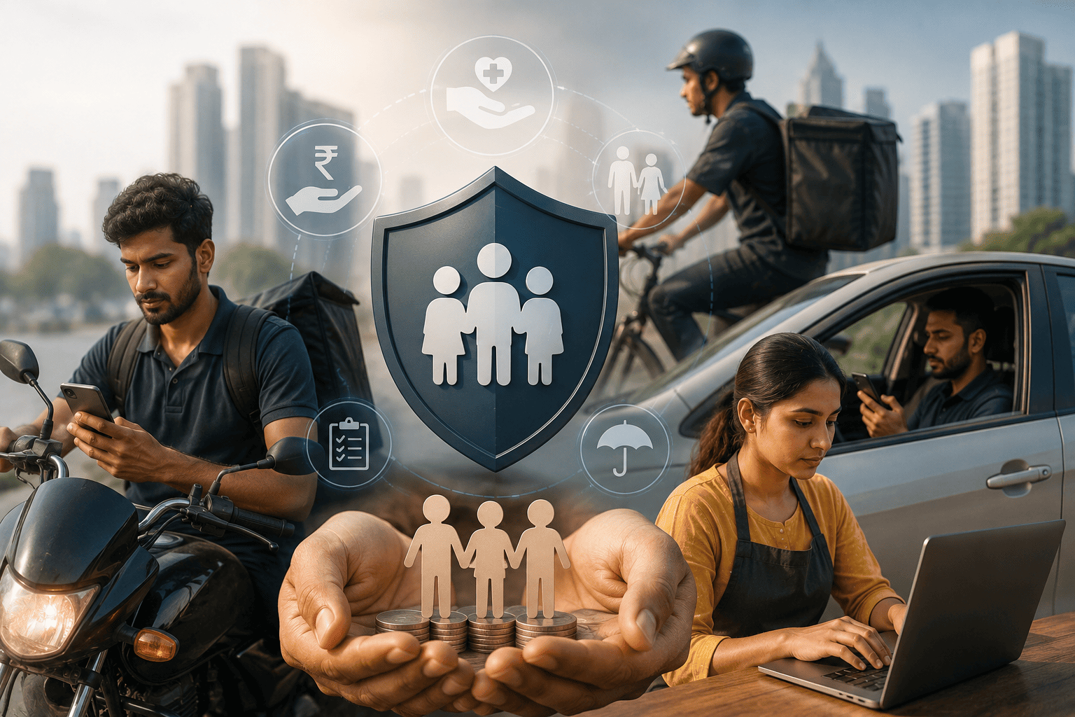 Gig workers using delivery, driving and digital work platforms with visual symbols representing social security and worker protection in India.