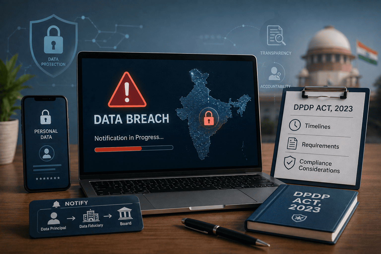 DPDP Act 2023 data breach notification showing personal data, compliance requirements, notification timelines and data protection in India.