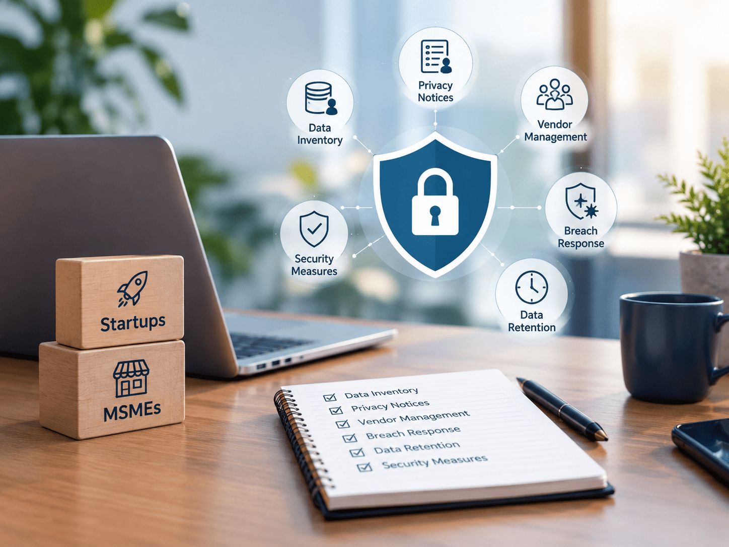 DPDP Act compliance framework for startups and MSMEs covering data privacy, security, vendors, breaches and retention.