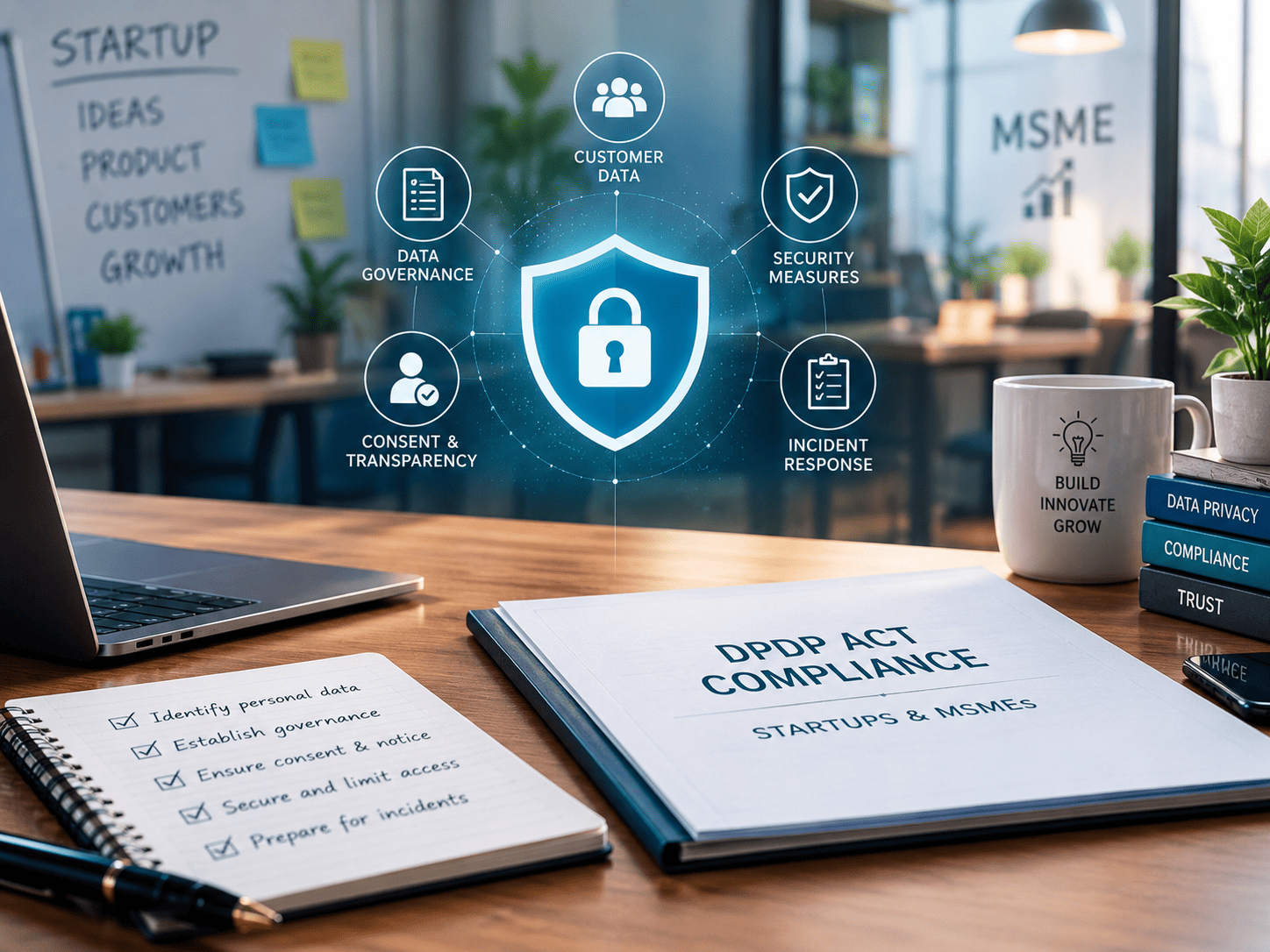 DPDP Act compliance framework for startups and MSMEs covering data governance, consent, security, and incident response.