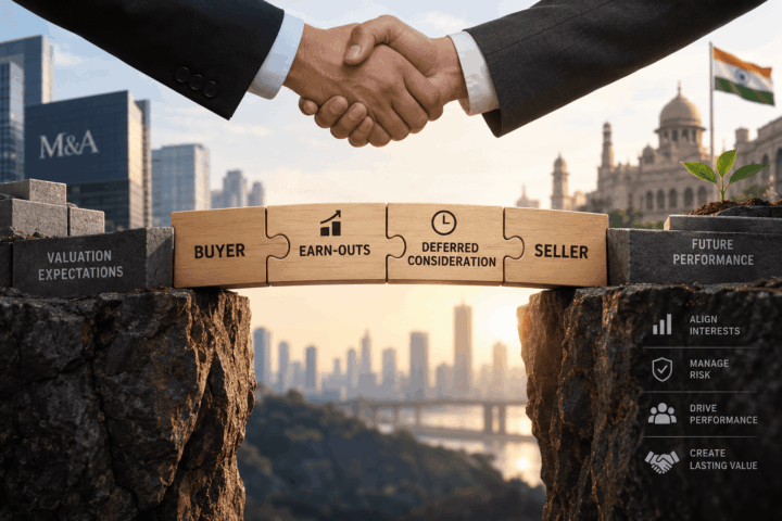 M&A handshake over a bridge representing earn-outs and deferred consideration, connecting buyer and seller while balancing valuation expectations and future performance.