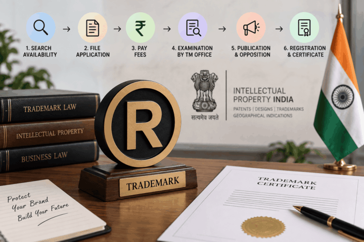 India trademark registration process showing search, application, examination, opposition, and registration steps.