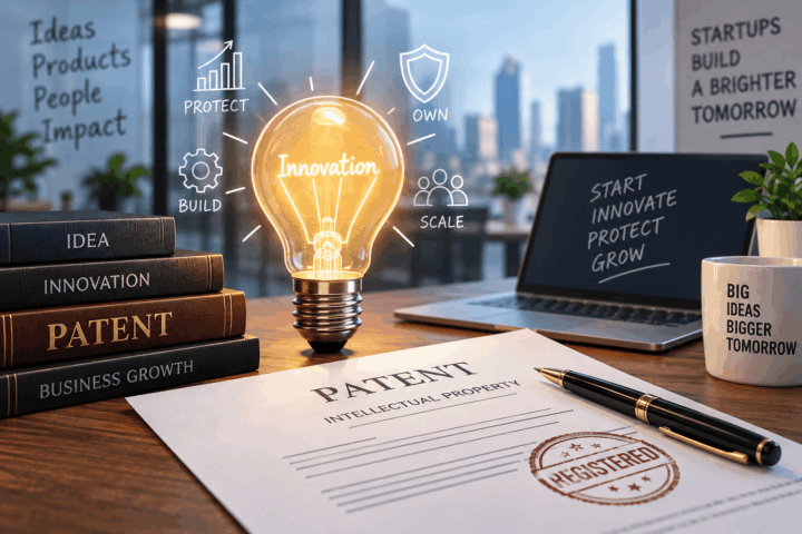 Patent protection for startups and innovators with an innovation concept, patent document, and intellectual property protection.