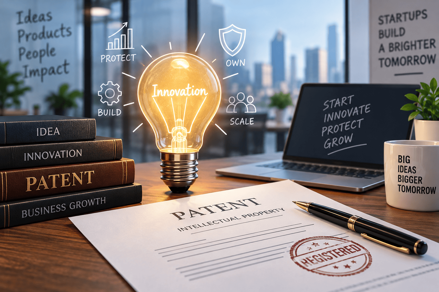 Patent protection for startups and innovators with an innovation concept, patent document, and intellectual property protection.