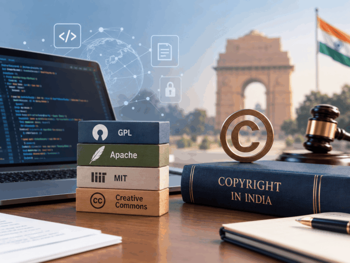 Open-source software licences and copyright law in India represented by code, licence books, copyright symbol and legal gavel.