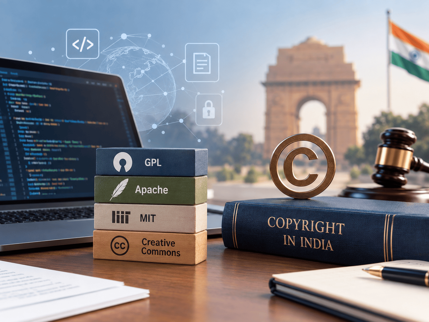 Open-source software licences and copyright law in India represented by code, licence books, copyright symbol and legal gavel.