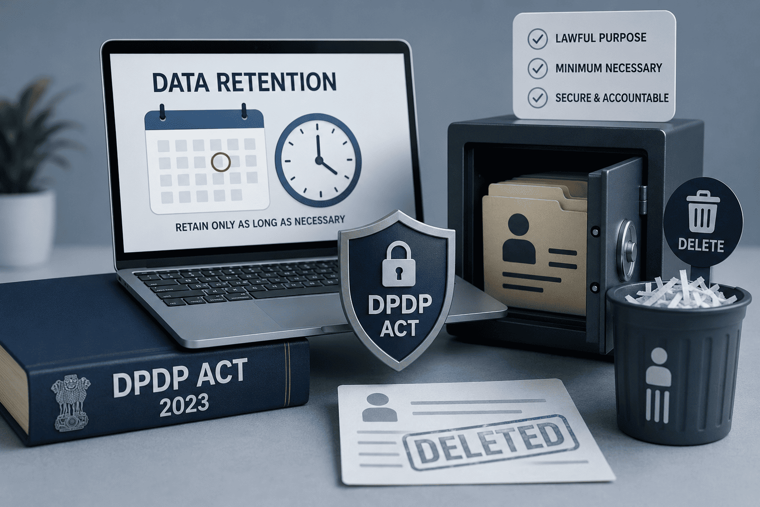 Data retention and deletion under India’s DPDP Act, showing secure personal data storage, compliance, and deletion.