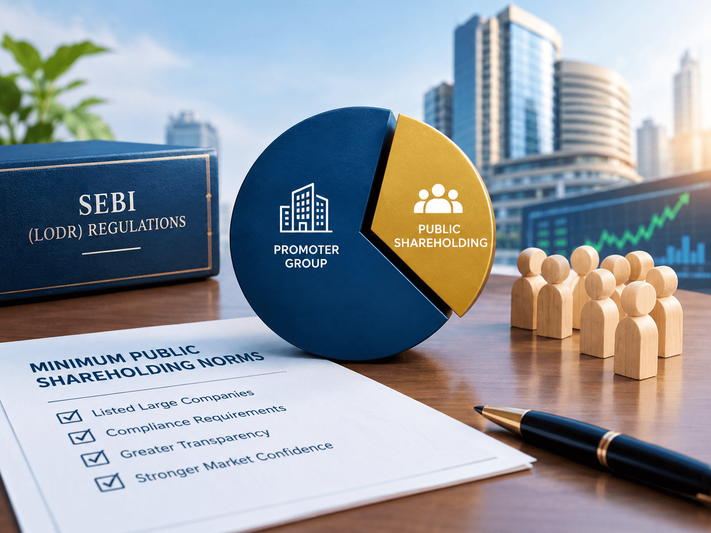 Minimum public shareholding norms for large listed companies, showing promoter and public ownership under SEBI regulations.