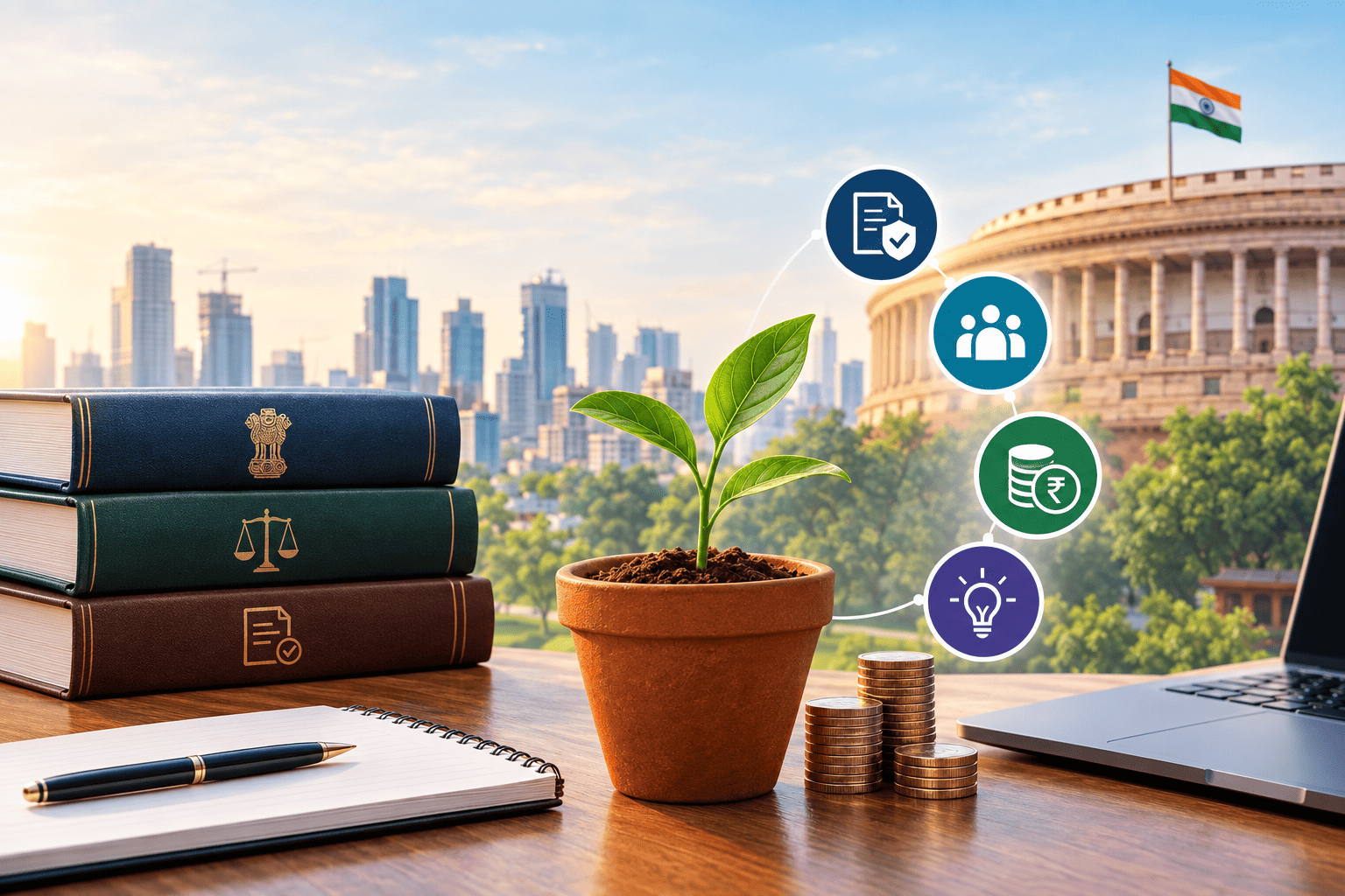 Indian venture capital and startup ecosystem represented by regulatory books, seedling, funding icons, and Parliament backdrop.