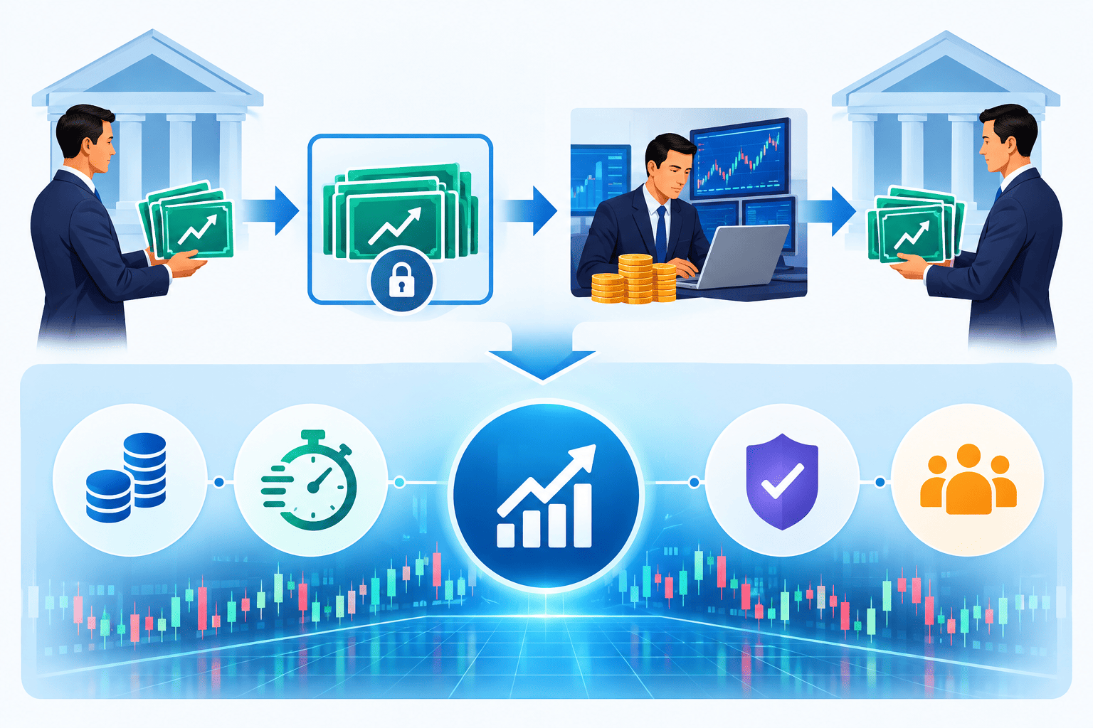 Securities lending illustrated through securities transfer, trading activity, and market liquidity with financial charts and market indicators.