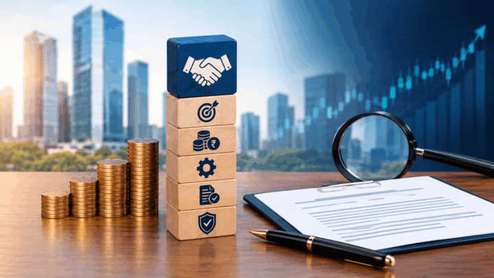 Open offer and corporate takeover concept with financial documents, investment coins, business blocks and market analysis imagery.