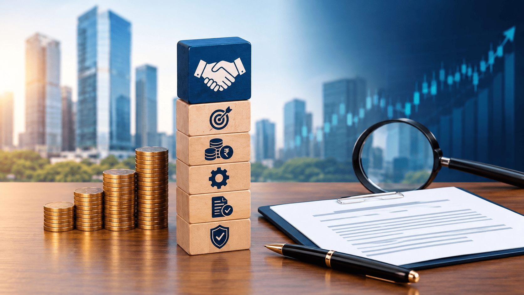 Open offer and corporate takeover concept with financial documents, investment coins, business blocks and market analysis imagery.