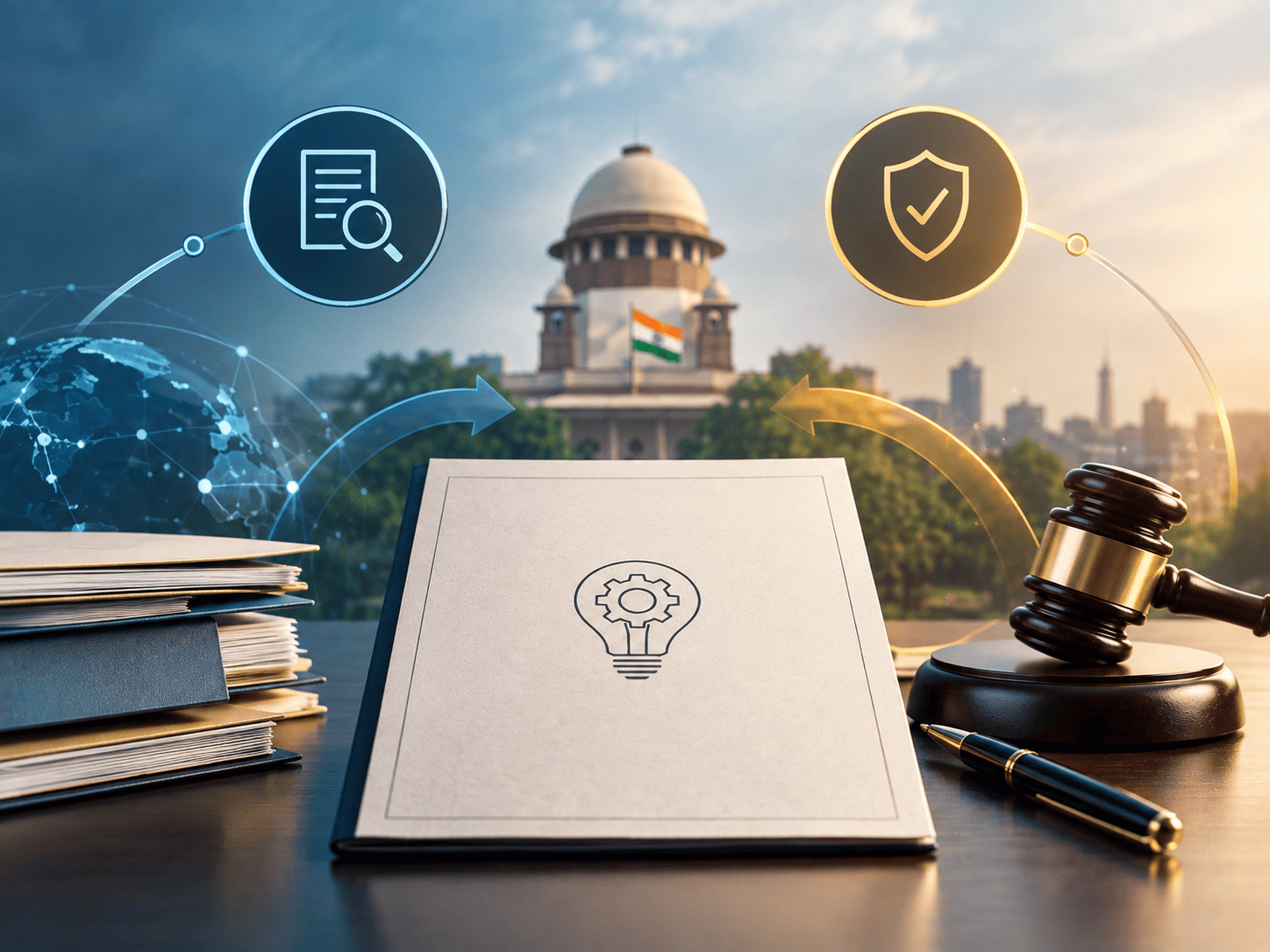 Indian patent opposition process represented by legal documents, innovation, gavel, and patent protection symbols.