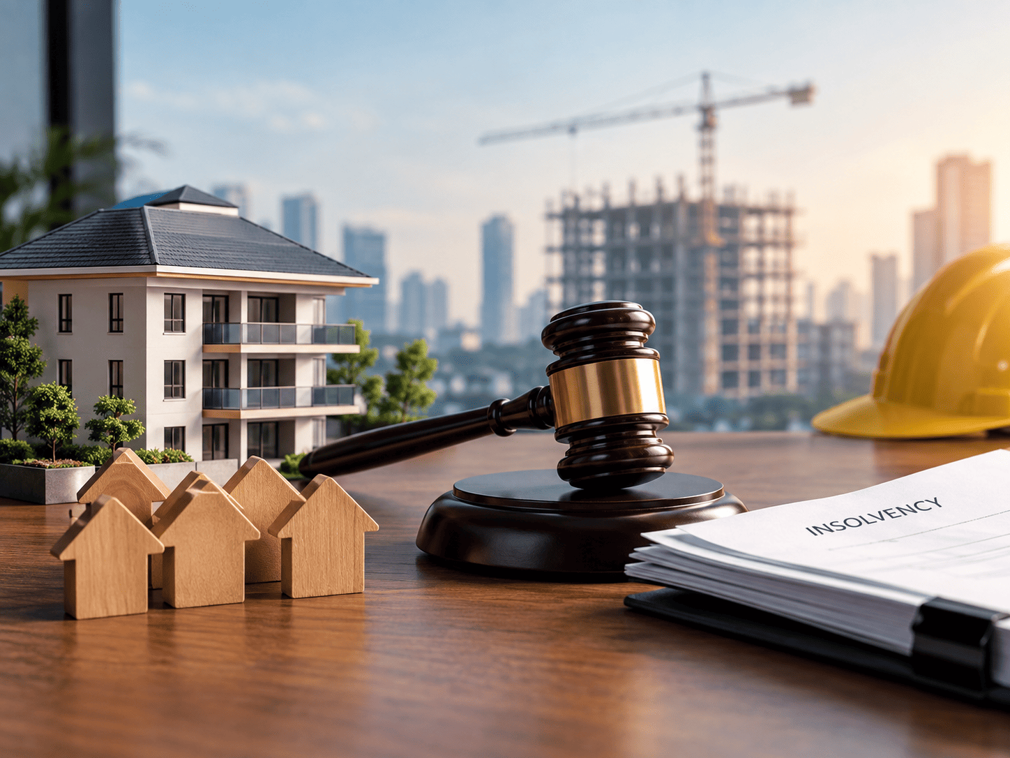 Homebuyers’ legal rights during corporate insolvency proceedings, with a house, gavel and construction site.