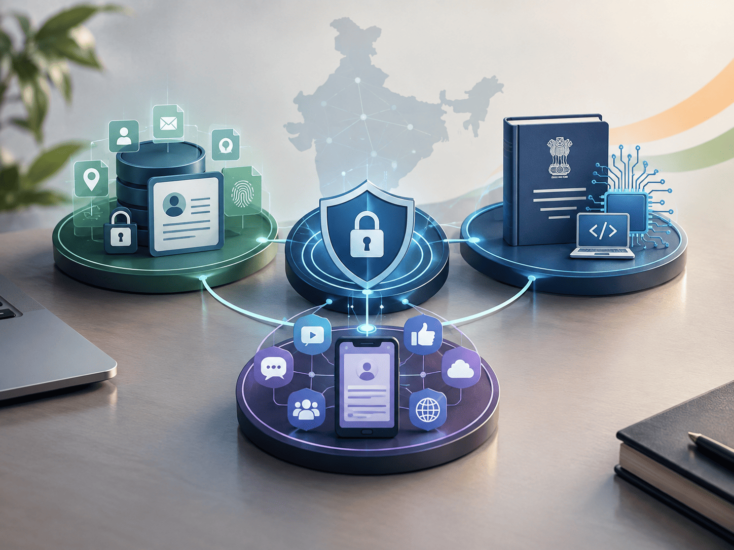 DPDP Rules, IT Act and Intermediary Guidelines represented through connected data privacy, cybersecurity and digital platform regulation symbols.