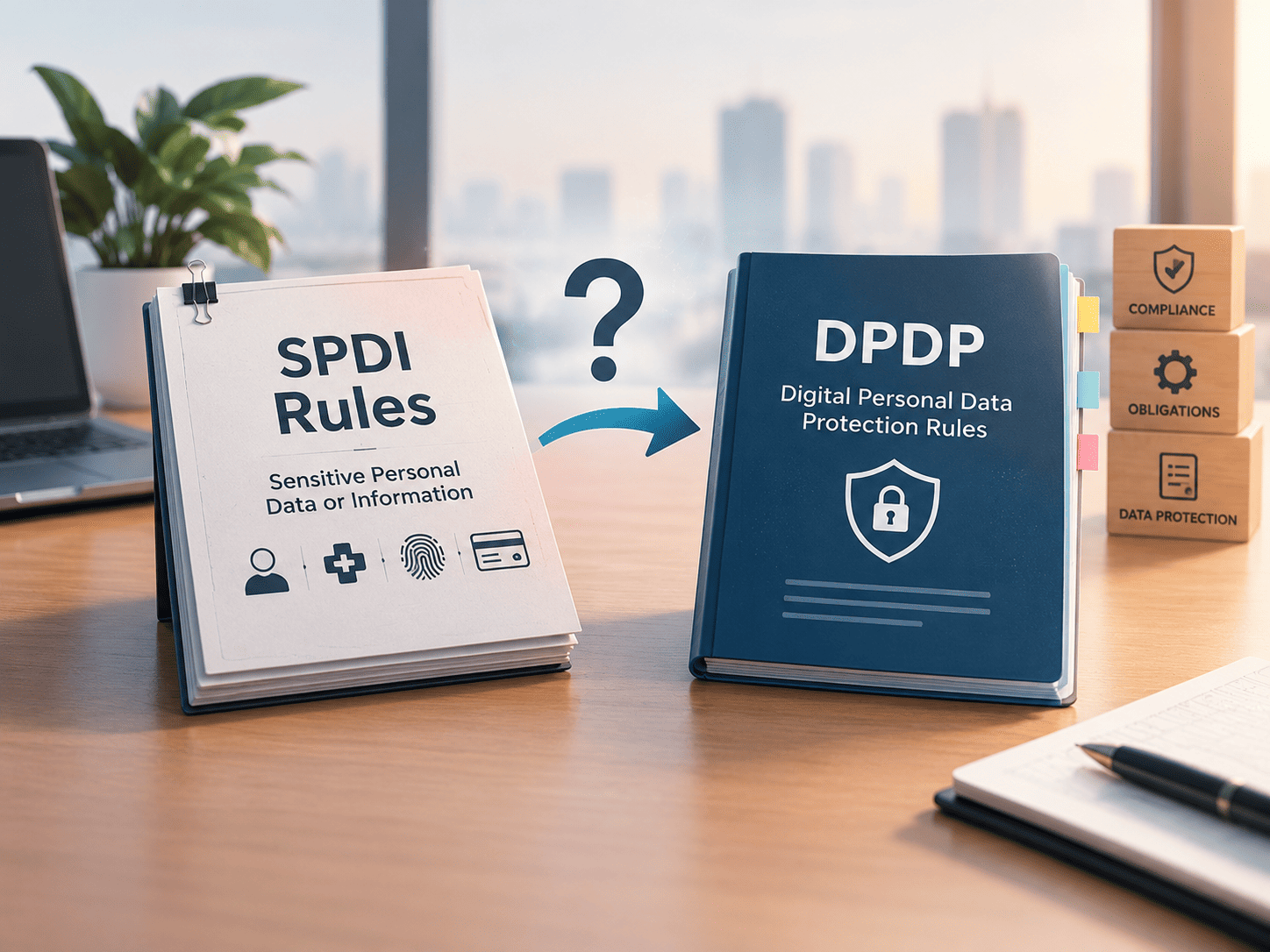 SPDI Rules transitioning to DPDP Rules, highlighting India’s shift from sensitive personal data rules to digital personal data protection compliance.