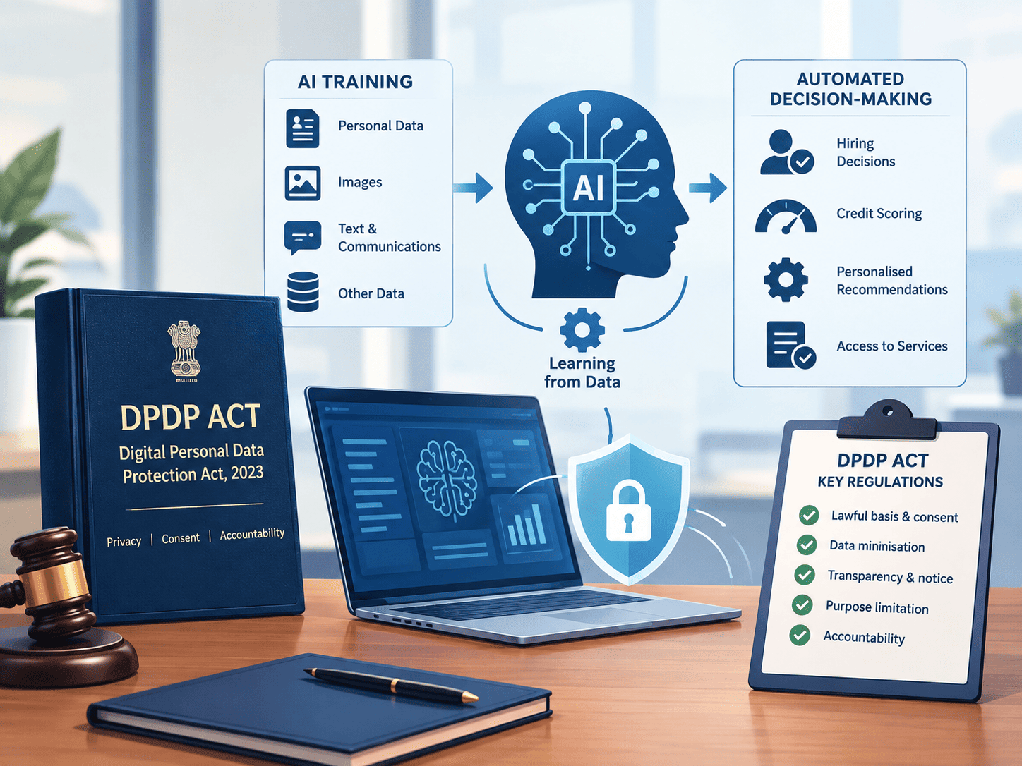 DPDP Act regulating AI training and automated decision-making using personal data, consent, privacy and accountability in India.