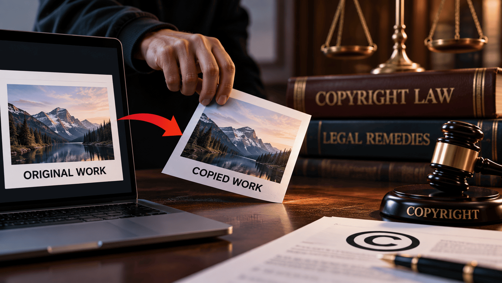 Copyright infringement scene showing an original work being copied, with copyright law books, legal remedies, a gavel, and justice scales.