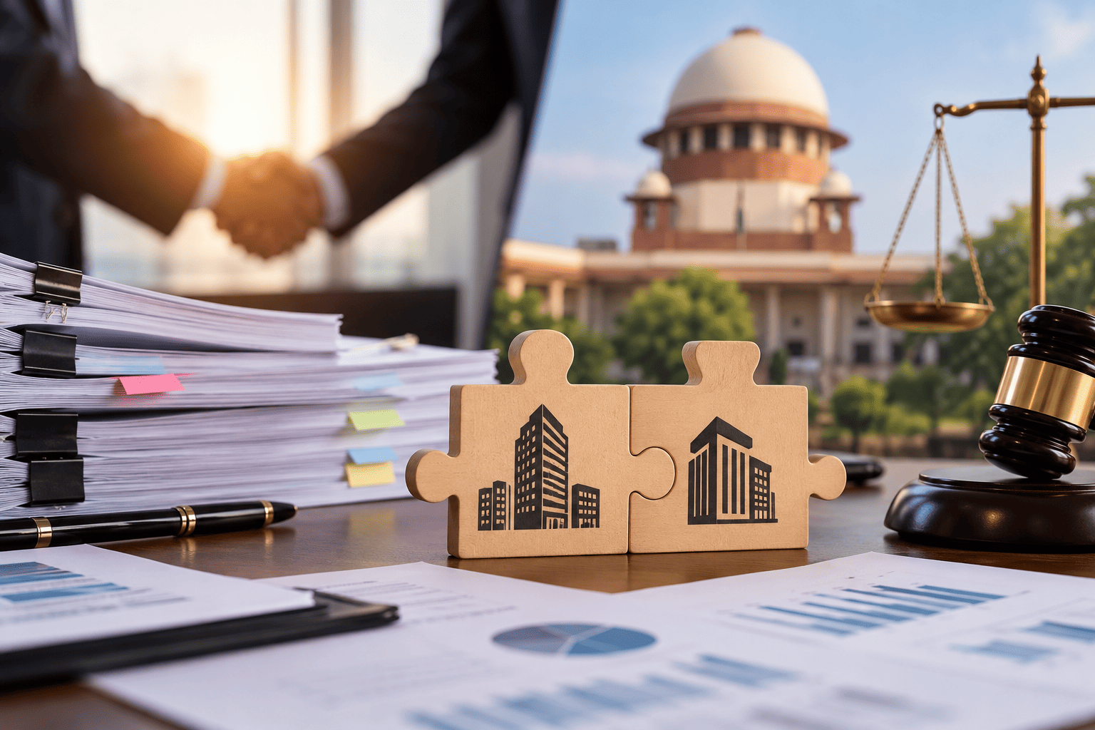 Legal documents and merger files on a desk with corporate puzzle pieces, a gavel, justice scale, and government building representing CCI merger filings and competition law.